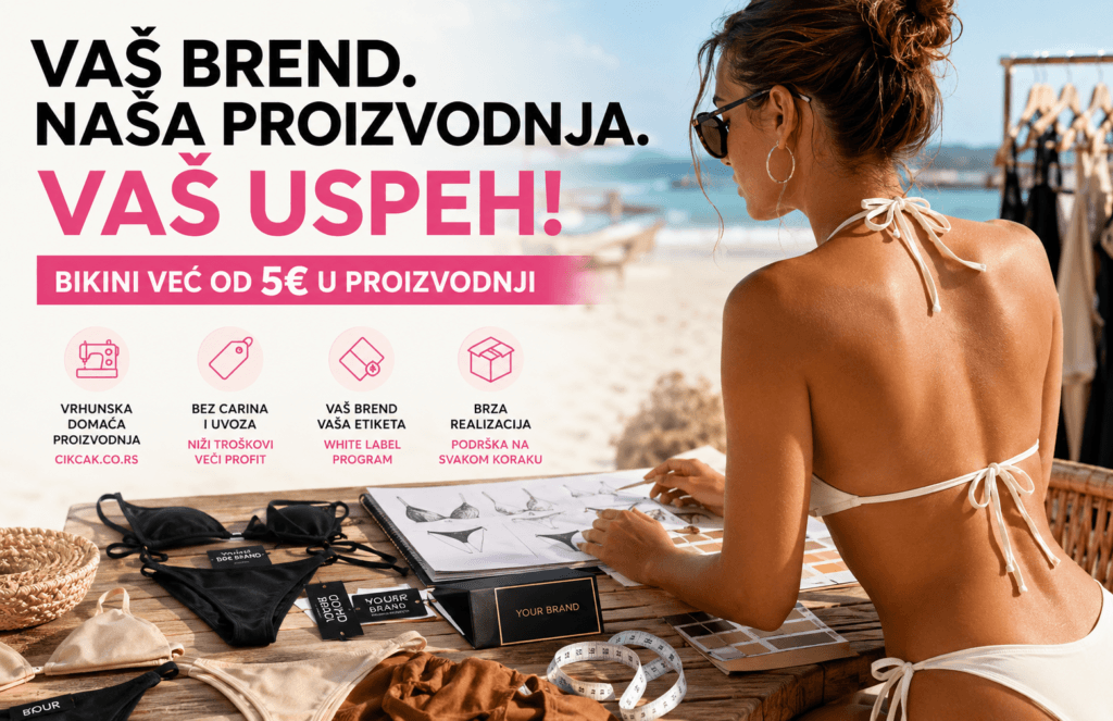Žena u modernom bikini kupaćem kostimu na plaži sa elementima modne proizvodnje i razvoja sopstvenog brenda kupaćih kostima kroz White Label proizvodnju u Beogradu